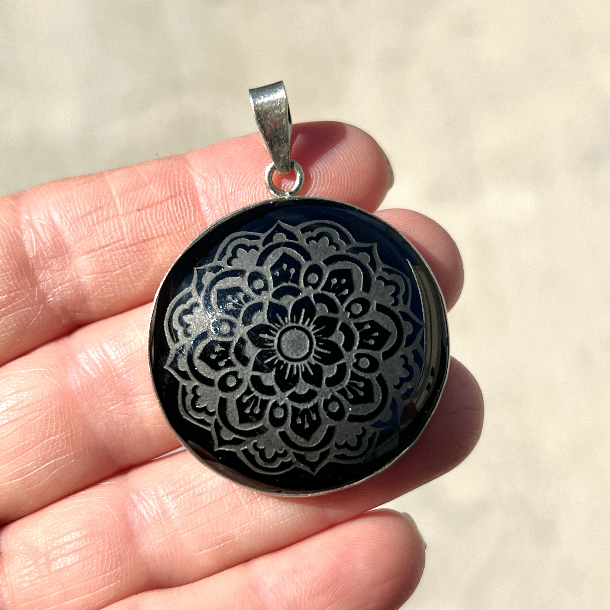 Obsidian Flower Mandala Pendant MAKUstudio MAKU raku — MAKUstudio